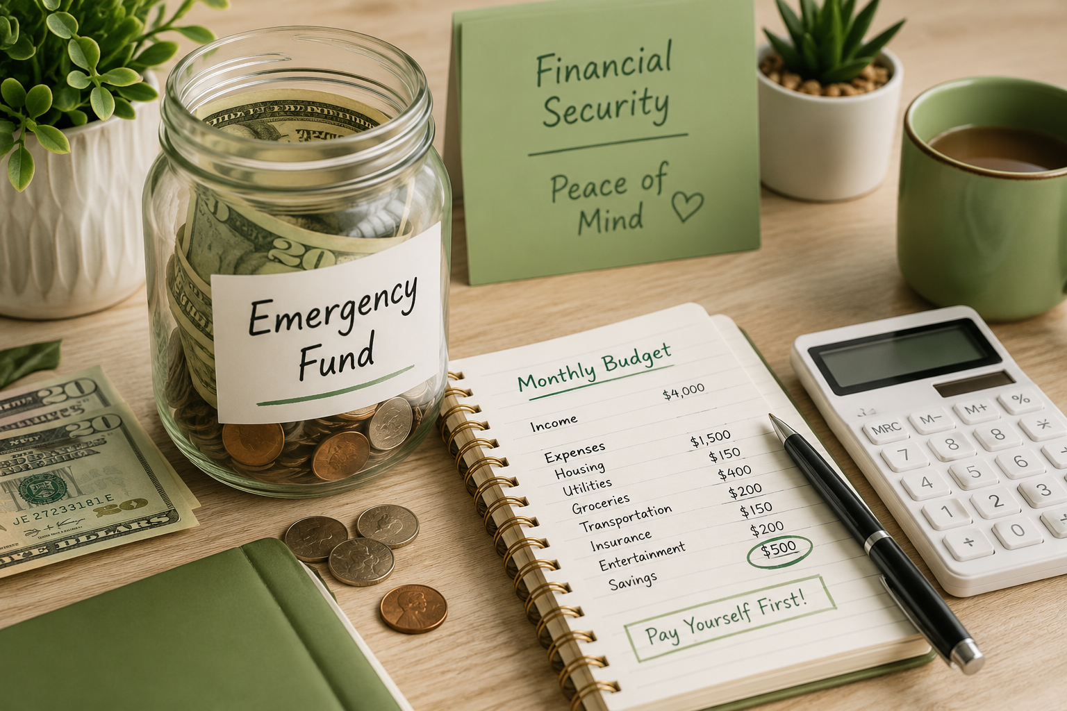 Emergency fund savings jar with cash, coins, budget planner, and personal finance notes