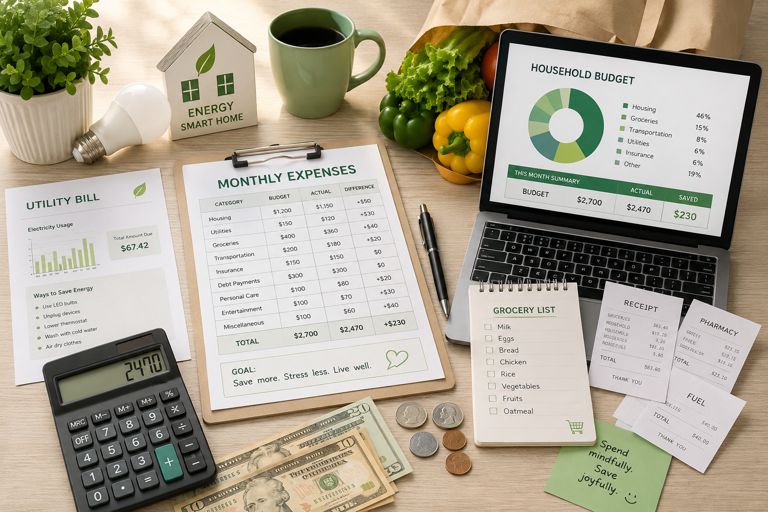 Household expenses planner with monthly expenses template, calculator, bills, and saving money notes
