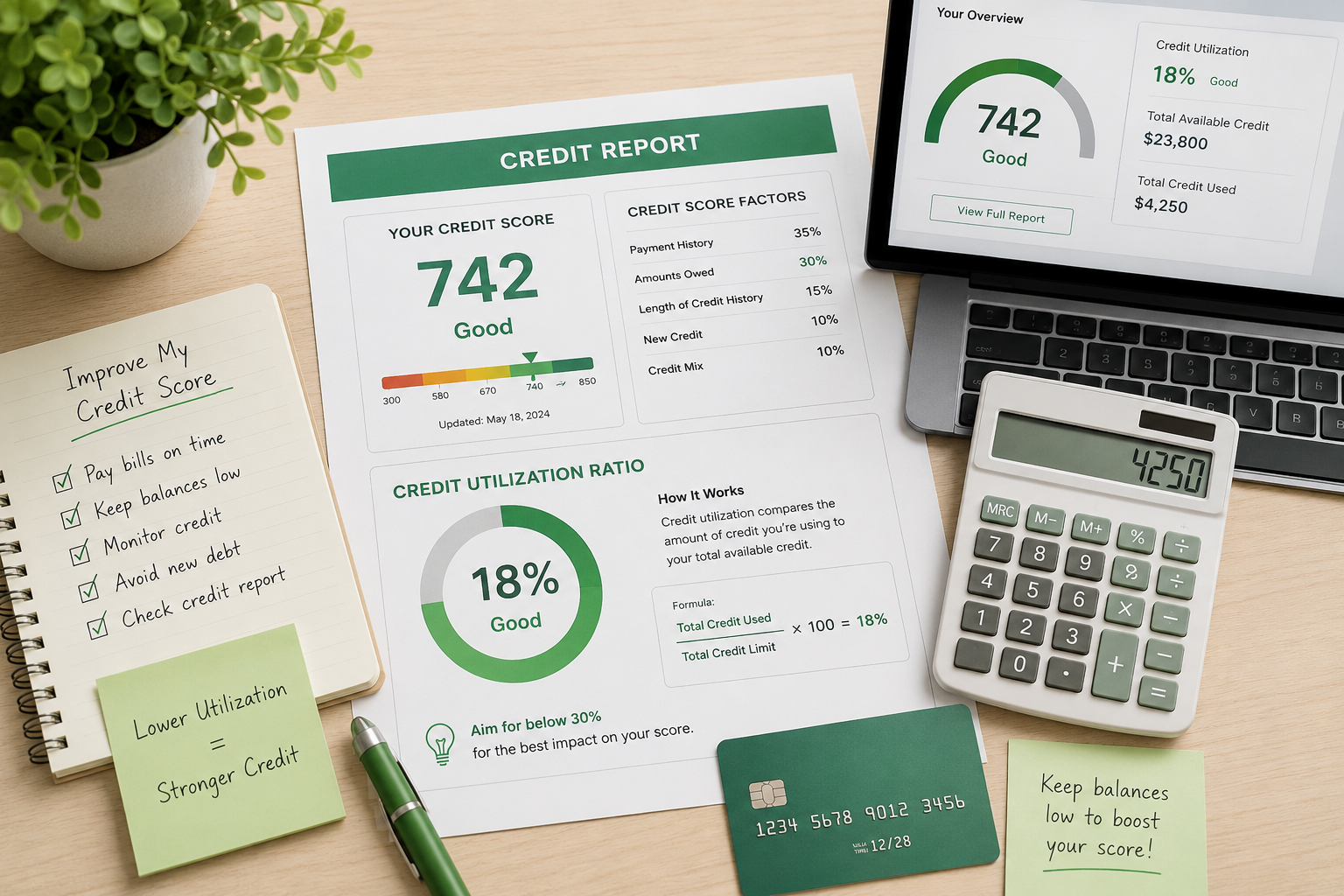 Credit score report with credit utilization ratio, calculator, credit card, and personal finance notes