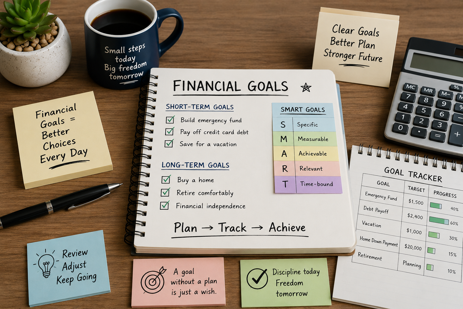 Financial goals planner with savings goals, SMART goals checklist, budget notes, and money tracking