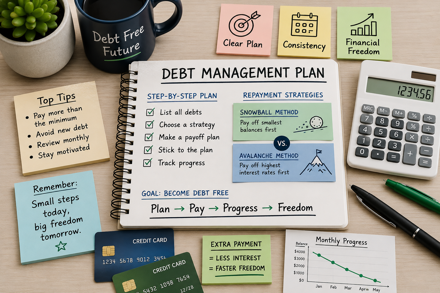 Debt management plan with credit card bills, payoff calculator, repayment tracker, and budget notes