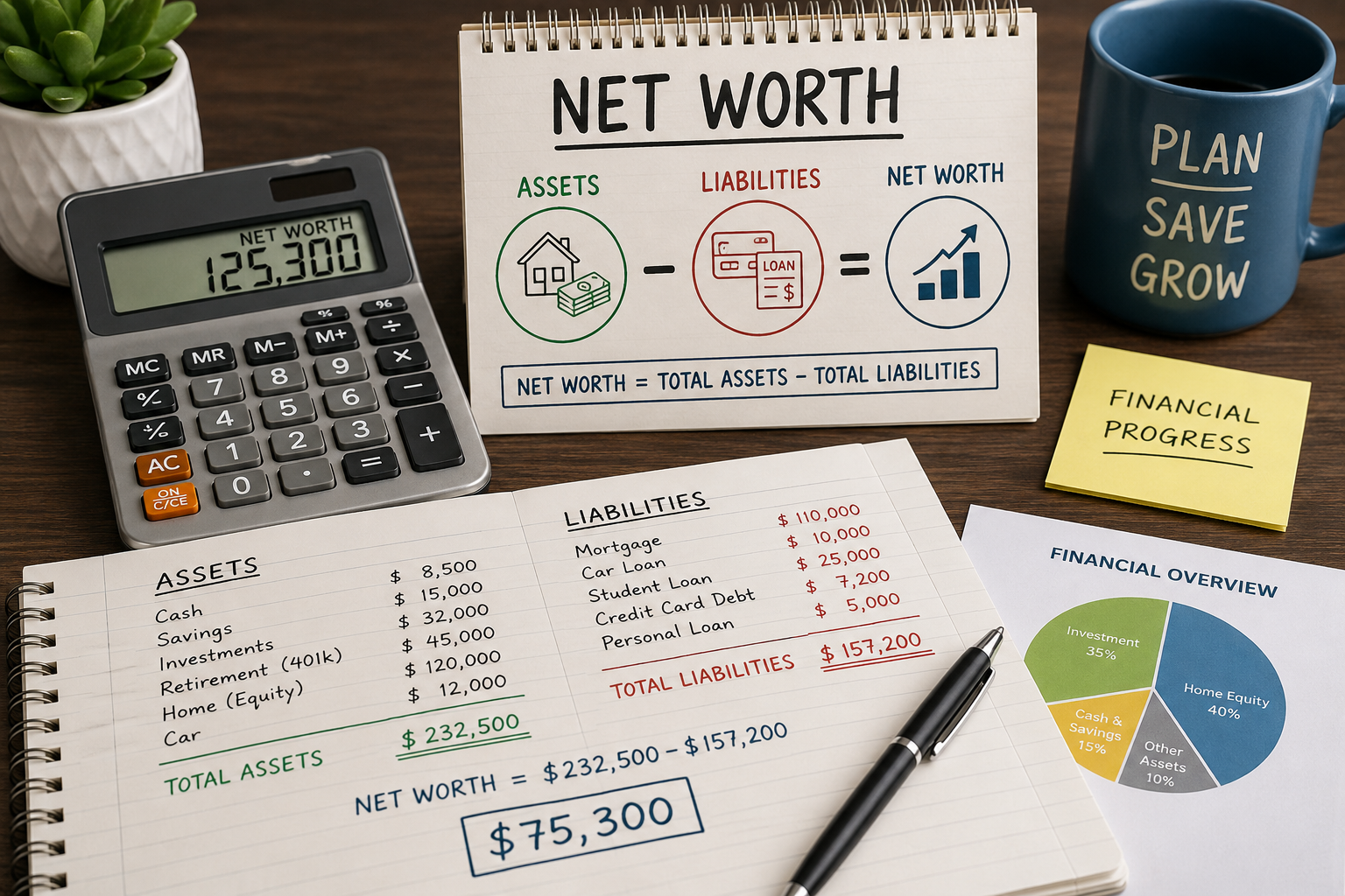 Net worth calculator with assets and liabilities, personal finance statement, savings, investments, and debt notes