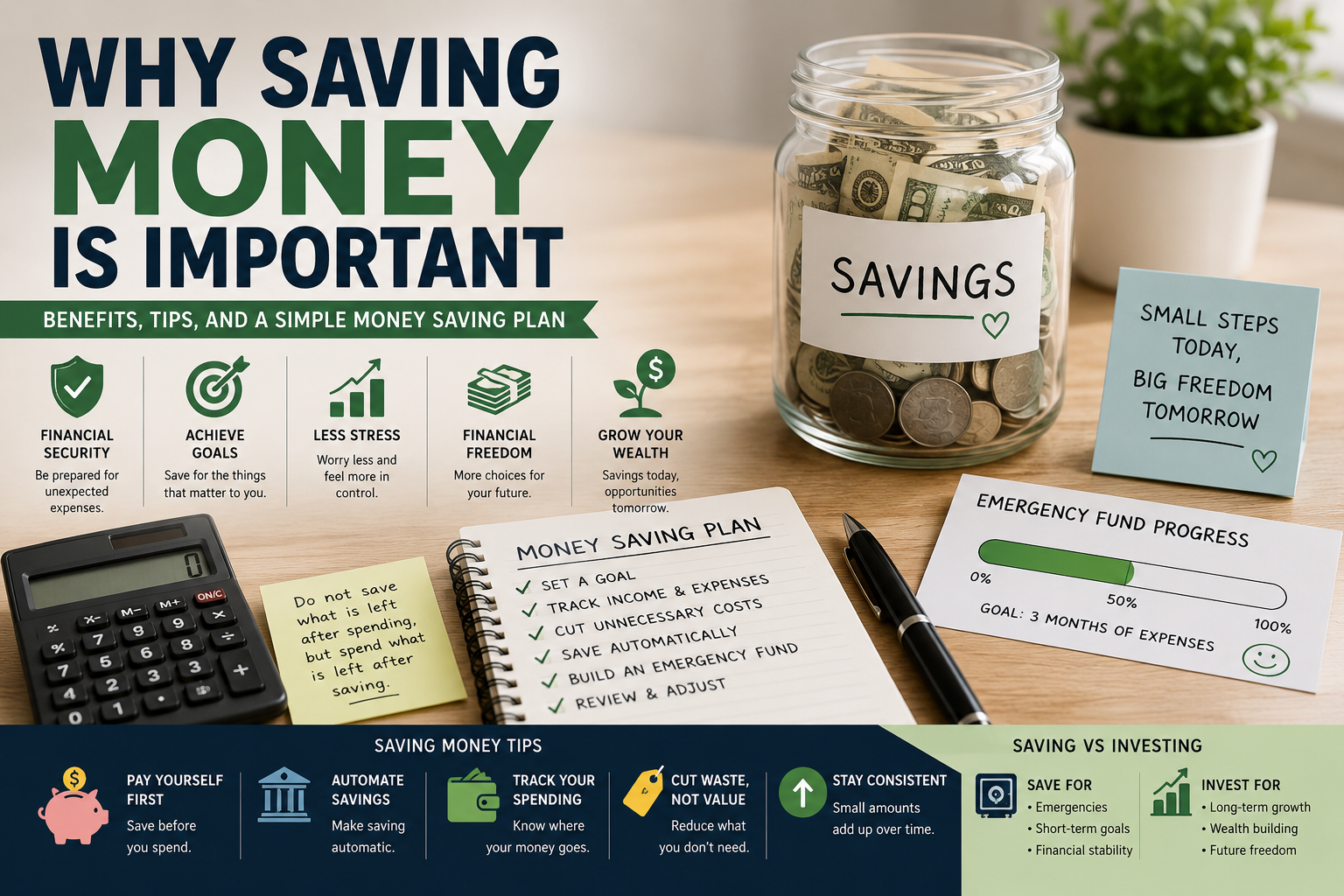 Money saving plan with savings jar, checklist, budget notes, and emergency fund progress