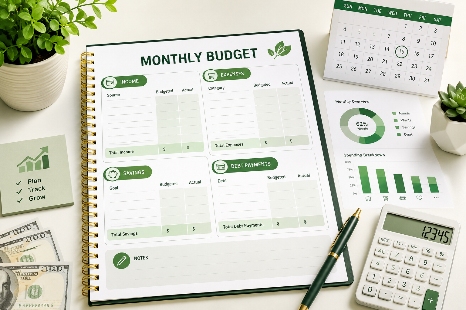 Monthly budget template with income, expenses, savings tracker, calculator, and simple budget planner