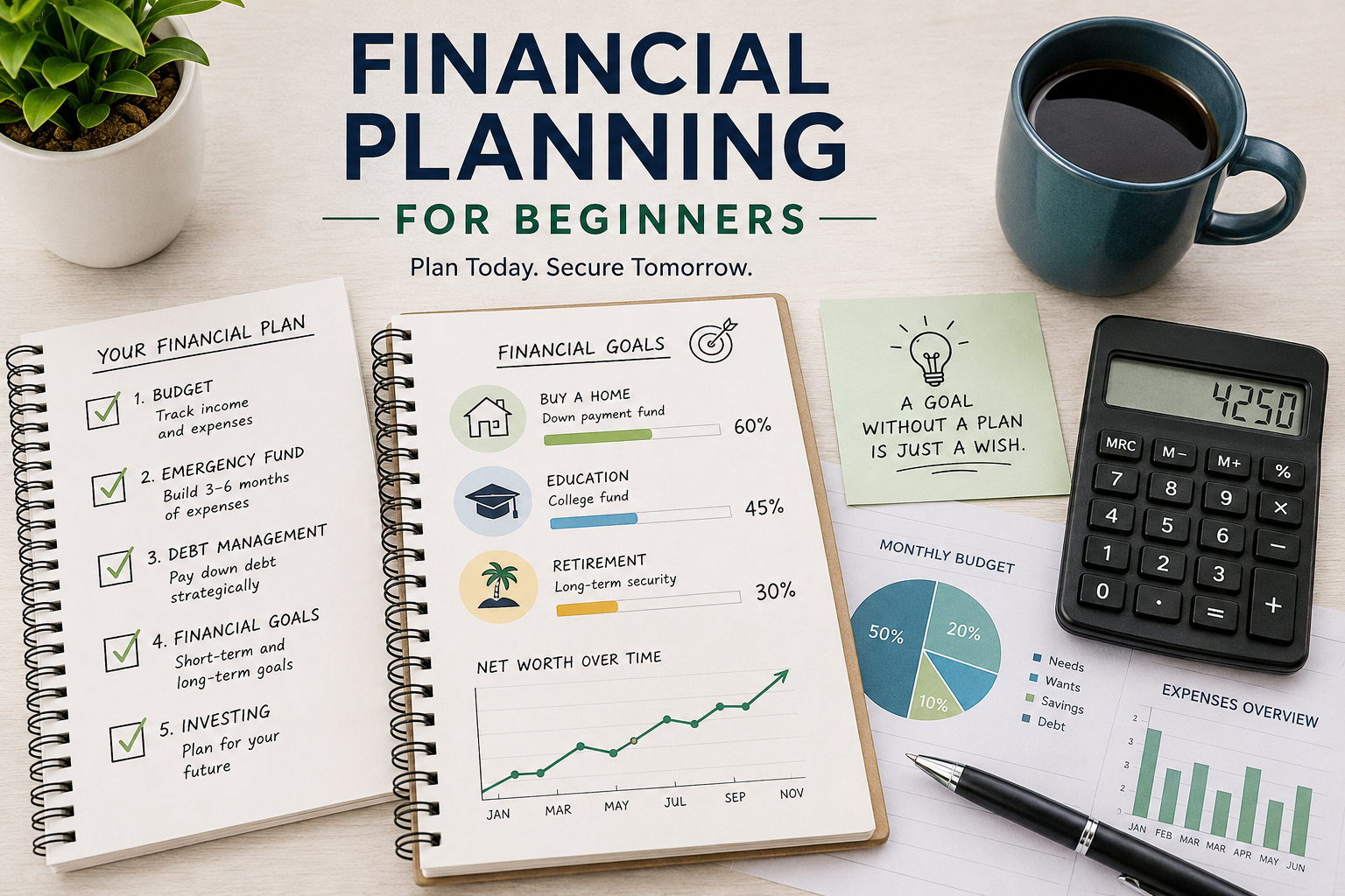 Personal financial planning checklist with budget, savings, debt, net worth, and investing goals
