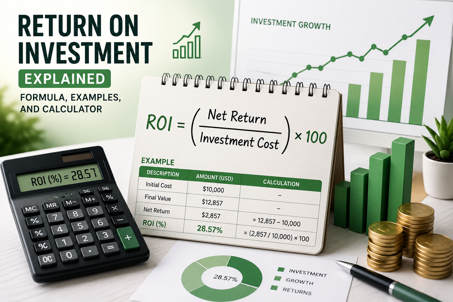 Return on investment calculator with ROI formula, investment growth chart, financial planning notes, and example calculations