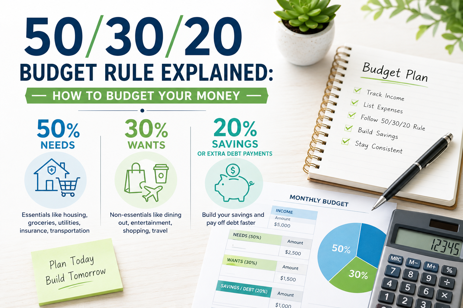 50/30/20 budget rule chart with needs, wants, savings categories, calculator, and monthly budget planner