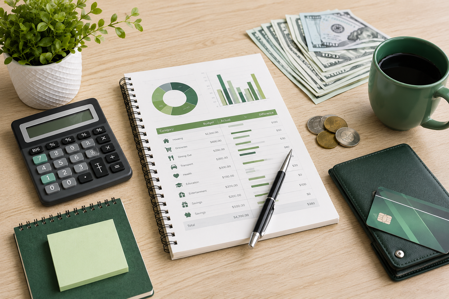 Personal budget planner with calculator, monthly budget template, cash, coins, and wallet